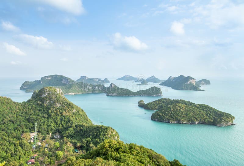 Aerial landscape view group of islands in Angthong islands national marine park in the morning from view point at Wua Ta Lap islan stock images Aerial landscape view group of islands in Angthong islands national marine park in the morning from view point at Wua Ta Lap islan stock images