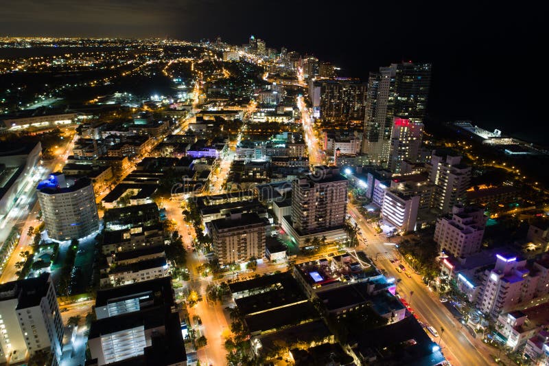 Aerial Night Miami Beach Collins Avenue Stock Photo Image Of Beach