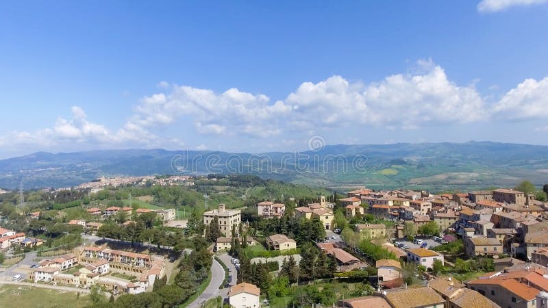 Aerial overhead view of Guardistallo, small medieval town of Tus