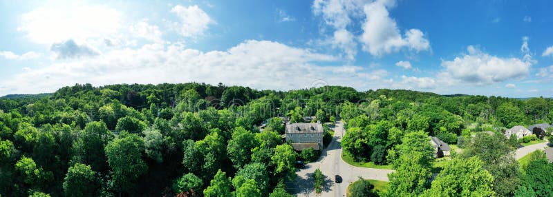 Aerial panorama of the Ancaster Old Mill in Ancaster, Ontario, Canada