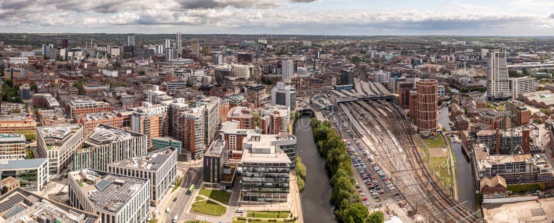 Aerial panorama cityscape view of Leeds city centre