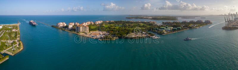 Aerial panorama Fisher Island Miami Beach