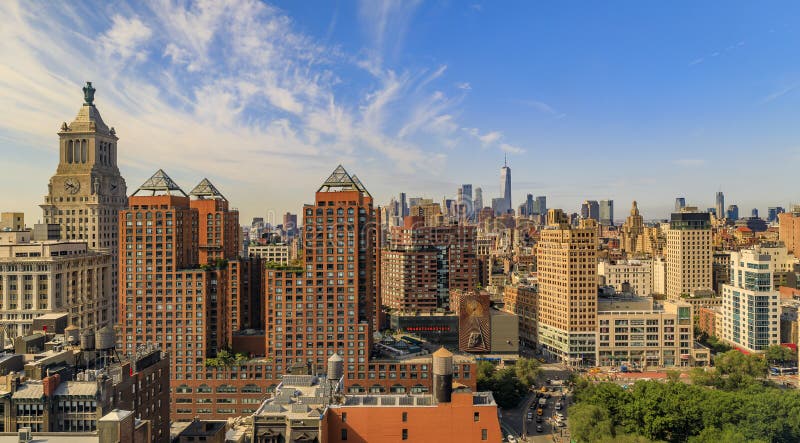 Aerial panorama of the iconic skyline and skyscrapers of New York Lower Manhattan on a hazy day stock photo Aerial panorama of the iconic skyline and skyscrapers of New York Lower Manhattan on a hazy day stock photo