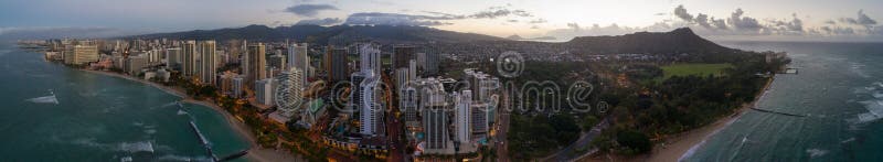 Aerial panorama Waikiki Beach and Diamond Head royalty free stock photos Aerial panorama Waikiki Beach and Diamond Head royalty free stock photos
