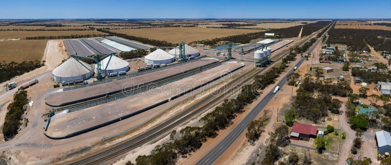 Aerial panoramic view of Grass Patch with large grain silos near the Coolgardie-Esperance Highway