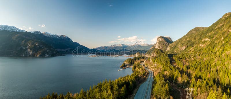 Aerial Panoramic view of Sea to Sky Highway with Chief Mountain