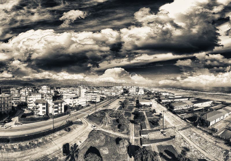 Aerial panoramic view of Viareggio skyline with promenade and sea, Tuscany, Italy