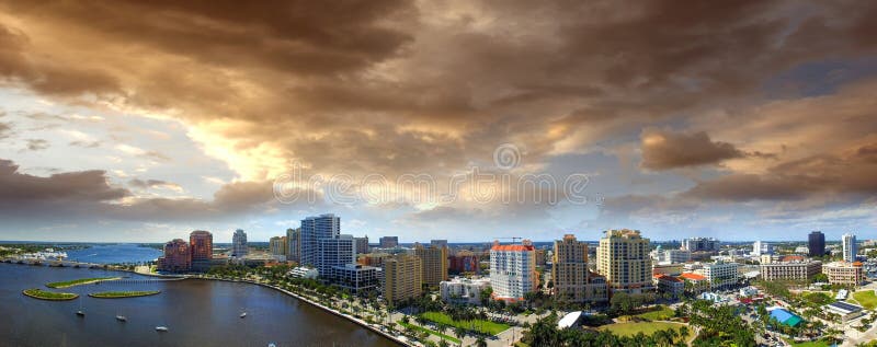 Aerial panoramic view of West Palm Beach, Florida. Sunset skyline
