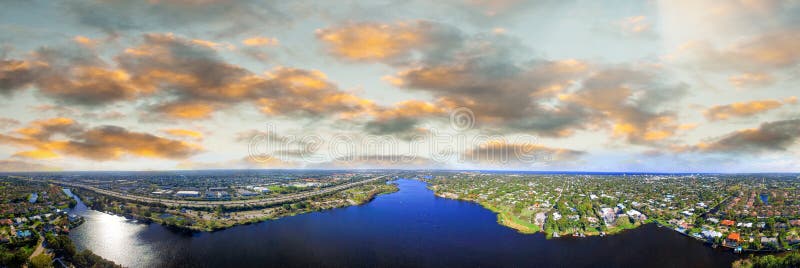 Aerial panoramic view of West Palm Beach, Florida. Sunset skyline