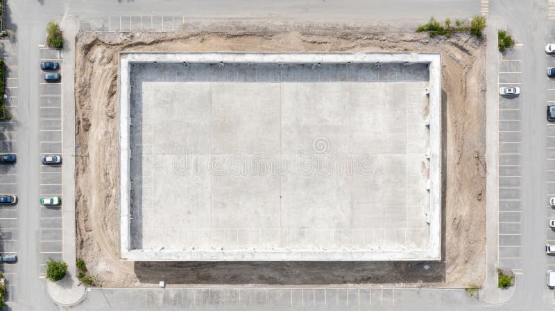Aerial perspective of commercial construction site, exposing concrete base and parking area with emerging architectural framework royalty free stock photography
