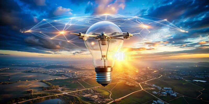 Aerial Perspective of a Portable Smart Bulb Drone Revolutionizing Global Internet Access with CuttingEdge Technology royalty free illustration