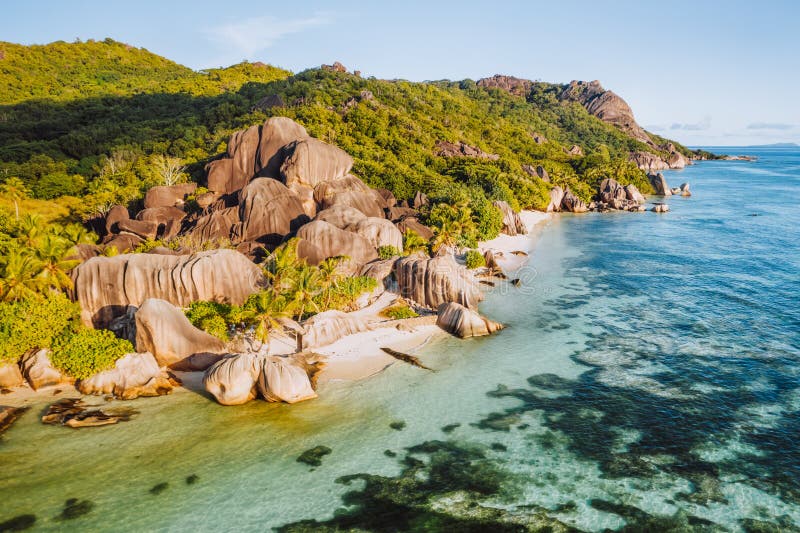 Aerial Photo of Famous Beach Anse Source D& X27;Argent at La Digue ...