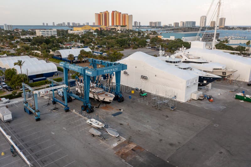 Aerial photo of Rybovich shipyard marine center and refit facility