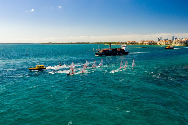 Aerial photo sailboat regatta sailing school Miami Beach Government Cut Inlet