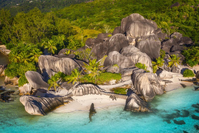 Aerial photo of Seychelles tropical beach Anse Source d`Argent at La Digue island, highlights Seychelles
