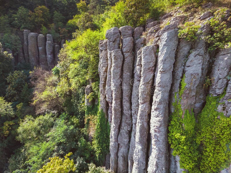 Aerial picture from nice natural basalt columns in a volcanic hill Saint George, near the lake Balaton of Hungary