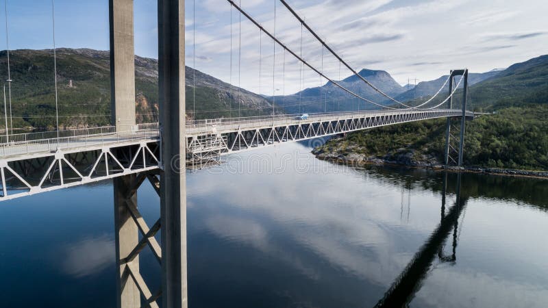 Aerial shot of bridge Rombaksbrua over Straumen bay of Ofotfjord stock image Aerial shot of bridge Rombaksbrua over Straumen bay of Ofotfjord stock image