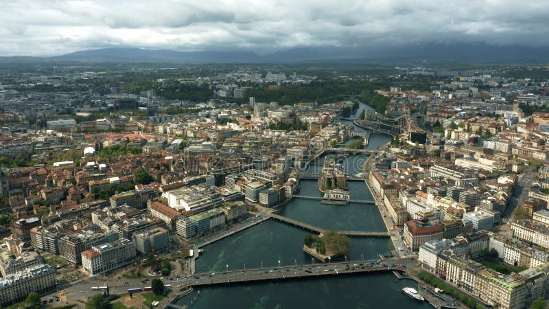 Aerial shot of the city of Geneva and the River Rhone royalty free stock images Aerial shot of the city of Geneva and the River Rhone royalty free stock images