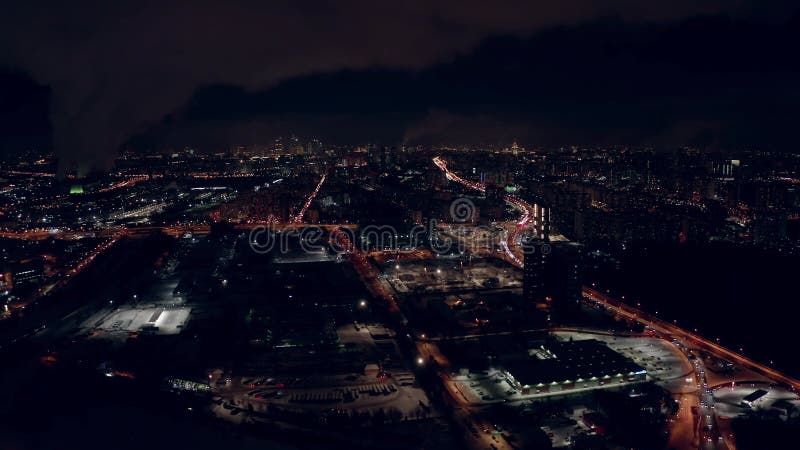 Aerial establishing shot of the city of Moscow at night, Russia