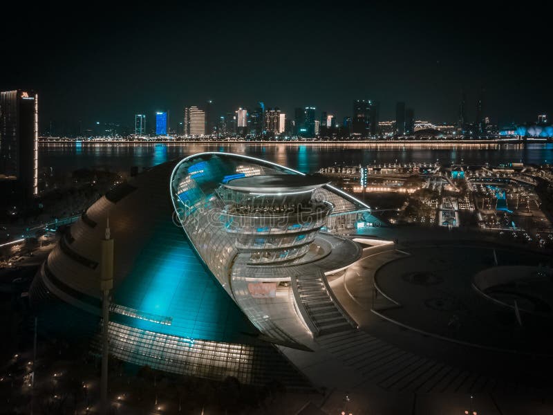 Aerial shot of the cityscape and the Grand Theatre in Hangzhou, China at night