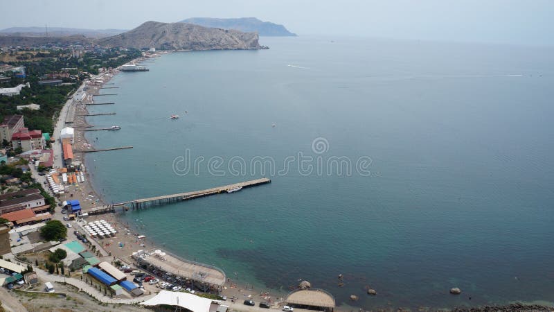 Aerial shot of the harbor in Sudak, Crimea royalty free stock photo