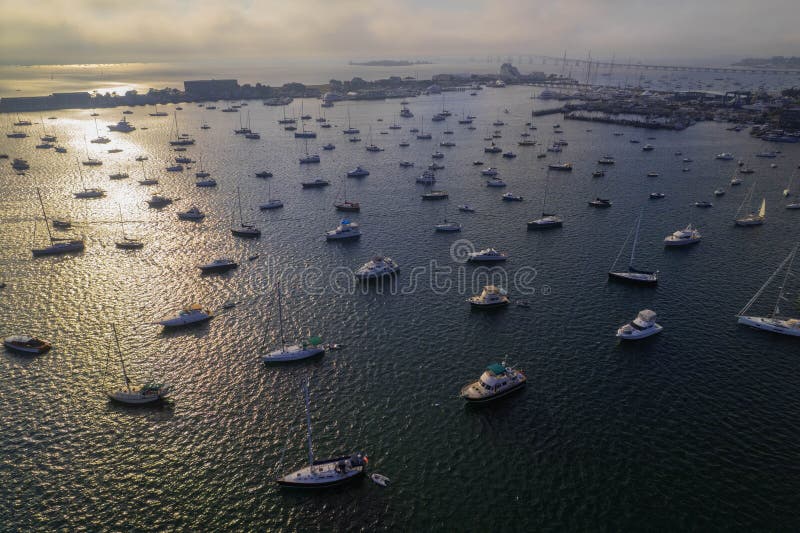 Aerial Shot Of The Newport Harbor In Rhode Island With Boats On The