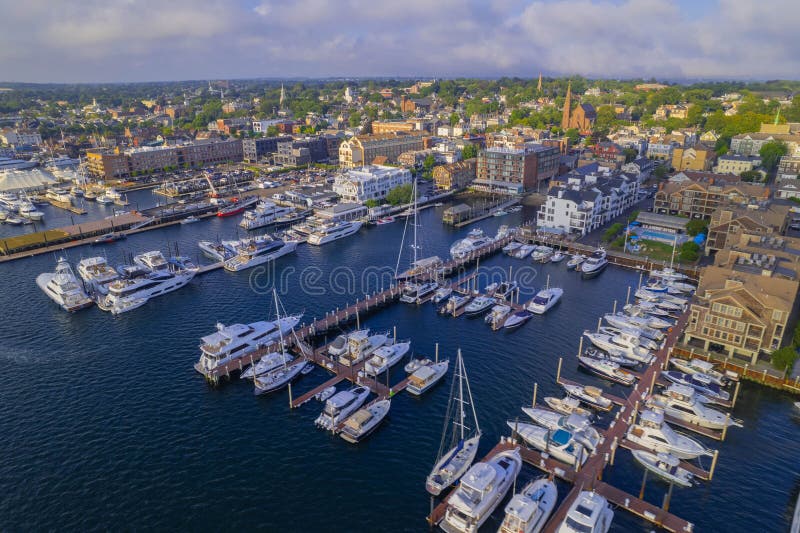 Aerial Shot Of The Newport Harbor In Rhode Island With Ducked Boats And