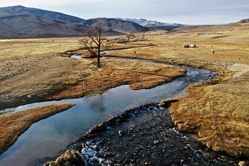 Aerial Shot of a River in a Big Dry Grassland Stock Photo Image of