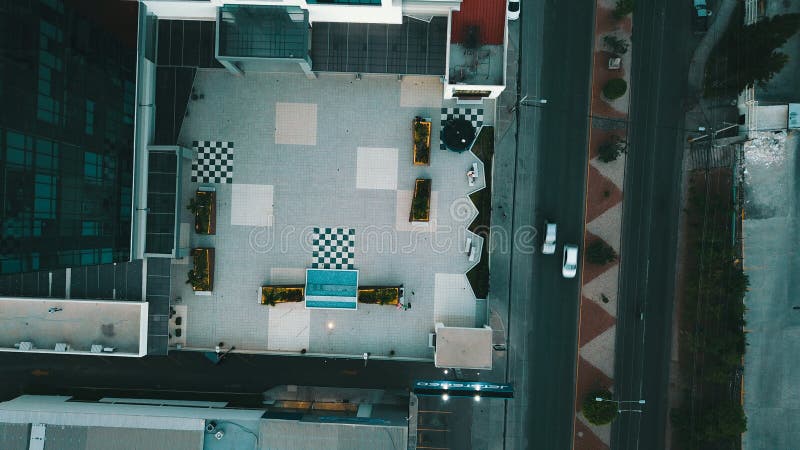 Aerial shot of a rooftop terrace in a building stock photography