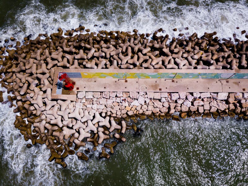 Aerial shot of shoreline on a sunny day stock photo