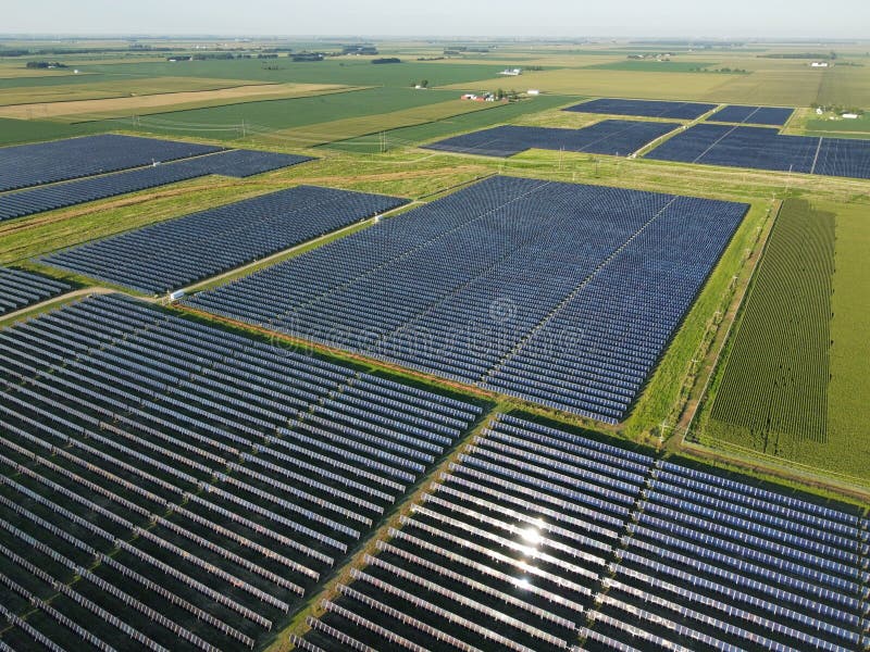 Aerial shot of a wide solar panel farm stock images