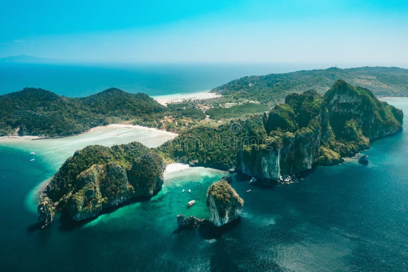 Aerial sky view of Phi Phi Islands, Nui Beach and Lo h Lana bay in Krabi province, Thailand