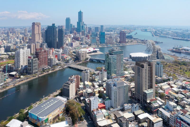 Aerial skyline of Kaohsiung, a vibrant seaport city in south Taiwan, with the futuristic architecture of Music Center by the harbo stock images