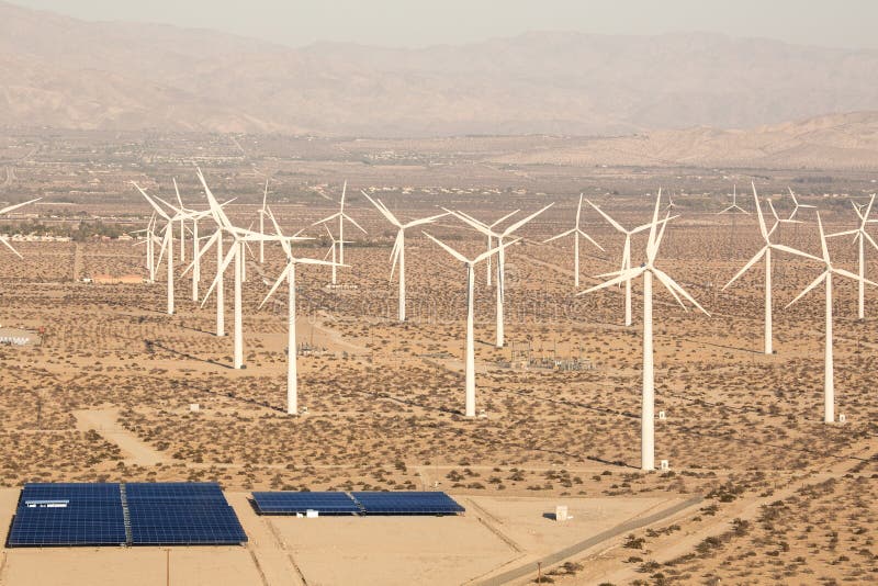 Aerial Solar Farm and Turbines in California Desert