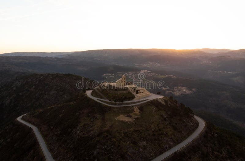 Aerial sunrise panorama of mountain hill top church chapel Sanctuary Nossa Senhora da Granca in Mondim de Basto Portugal