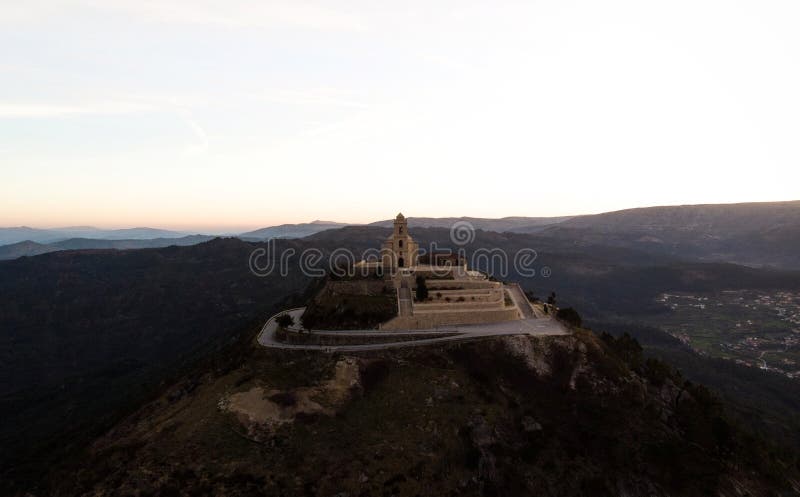 Aerial sunrise panorama of mountain hill top church chapel Sanctuary Nossa Senhora da Granca in Mondim de Basto Portugal