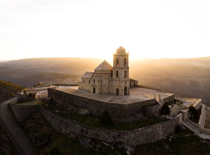 Aerial sunrise panorama of mountain hill top church chapel Sanctuary Nossa Senhora da Granca in Mondim de Basto Portugal