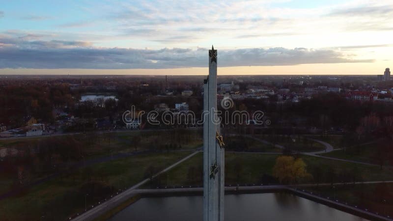Aerial Sunset View of the Victory Park in Riga, Latvia. Victory Monument.
