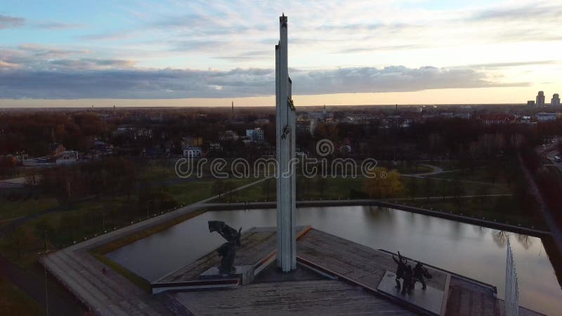 Aerial Sunset View of the Victory Park in Riga, Latvia. Victory Monument.