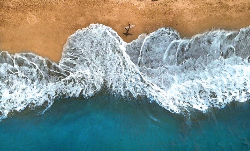 AERIAL,TOP DOWN: Unrecognizable surfer walking along the exotic sandy beach. stock images