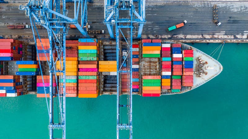 Aerial top view crane shipping container, cargo container ship c royalty free stock photo