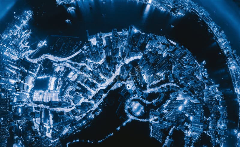 Aerial top view of Hong Kong Downtown, Republic of China. Financial district and business centers in technology smart city in Asia