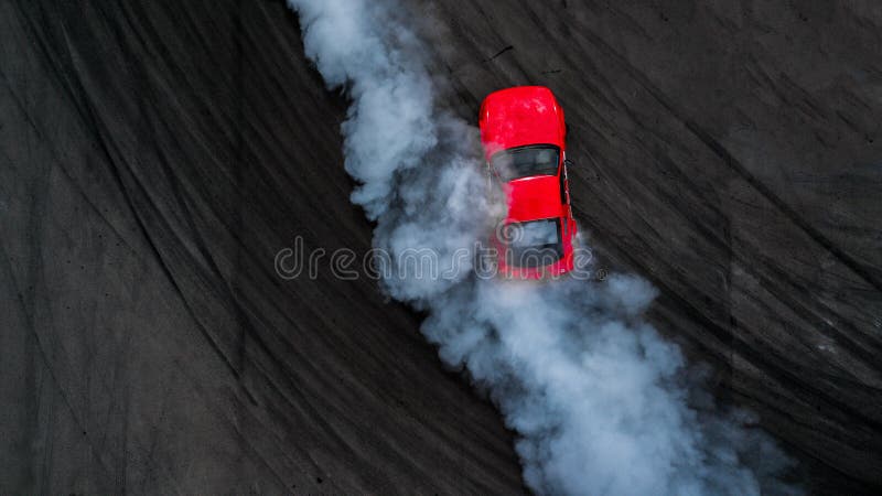 Aerial top view professional driver drift car on asphalt track w