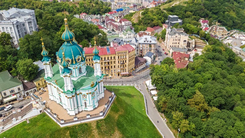 Aerial top view of Saint Andrew`s church and Andreevska street from above, Podol, city of Kiev Kyiv, Ukraine