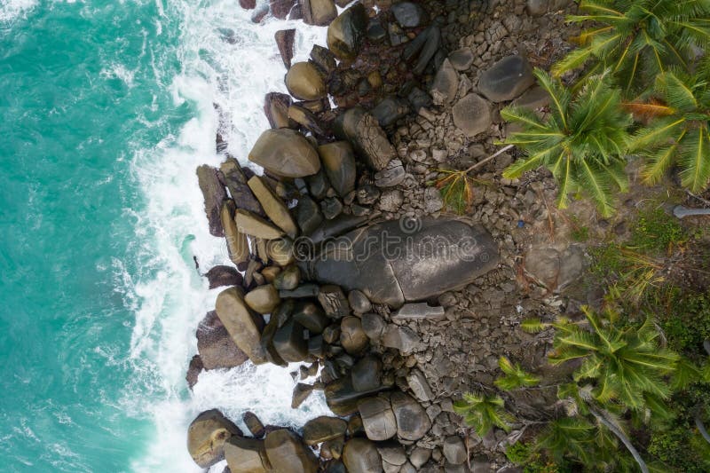 Aerial top view of sea waves crashing on rocks with coconut palm trees Beautiful seashore in Phuket Thailand Amazing nature