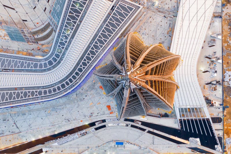 Aerial top view of the spire of a skyscraper Lakhta Center complex of buildings under construction and business center . Russia