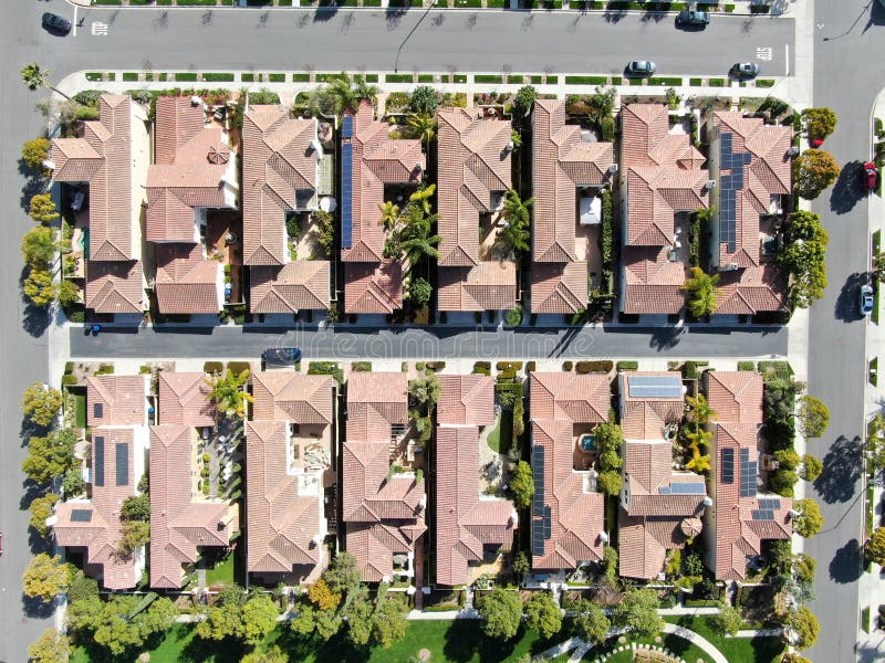 Aerial View Suburban Neighborhood With Identical Villas Next To Each