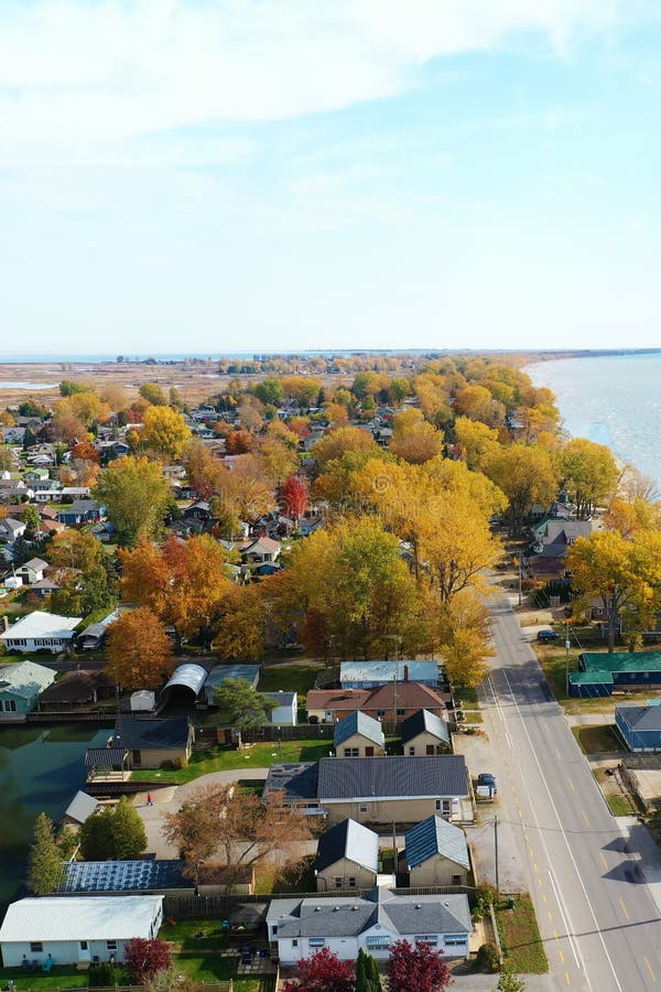 Aerial Vertical Scene of Long Point, Ontario, Canada in Autumn Stock