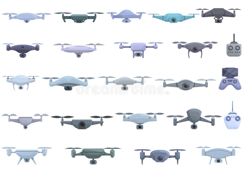 Aerial videography icons set cartoon vector. Drone camera vector illustration