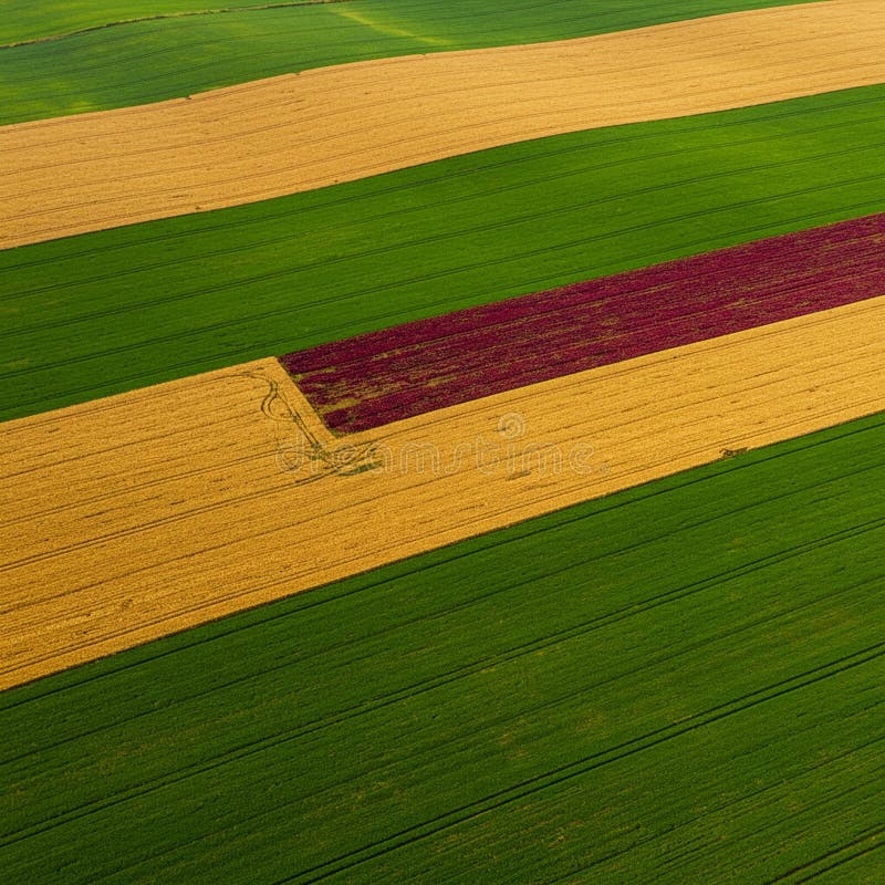 Aerial view of agricultural fields displaying a patchwork of vibrant colors. Large green stock illustration